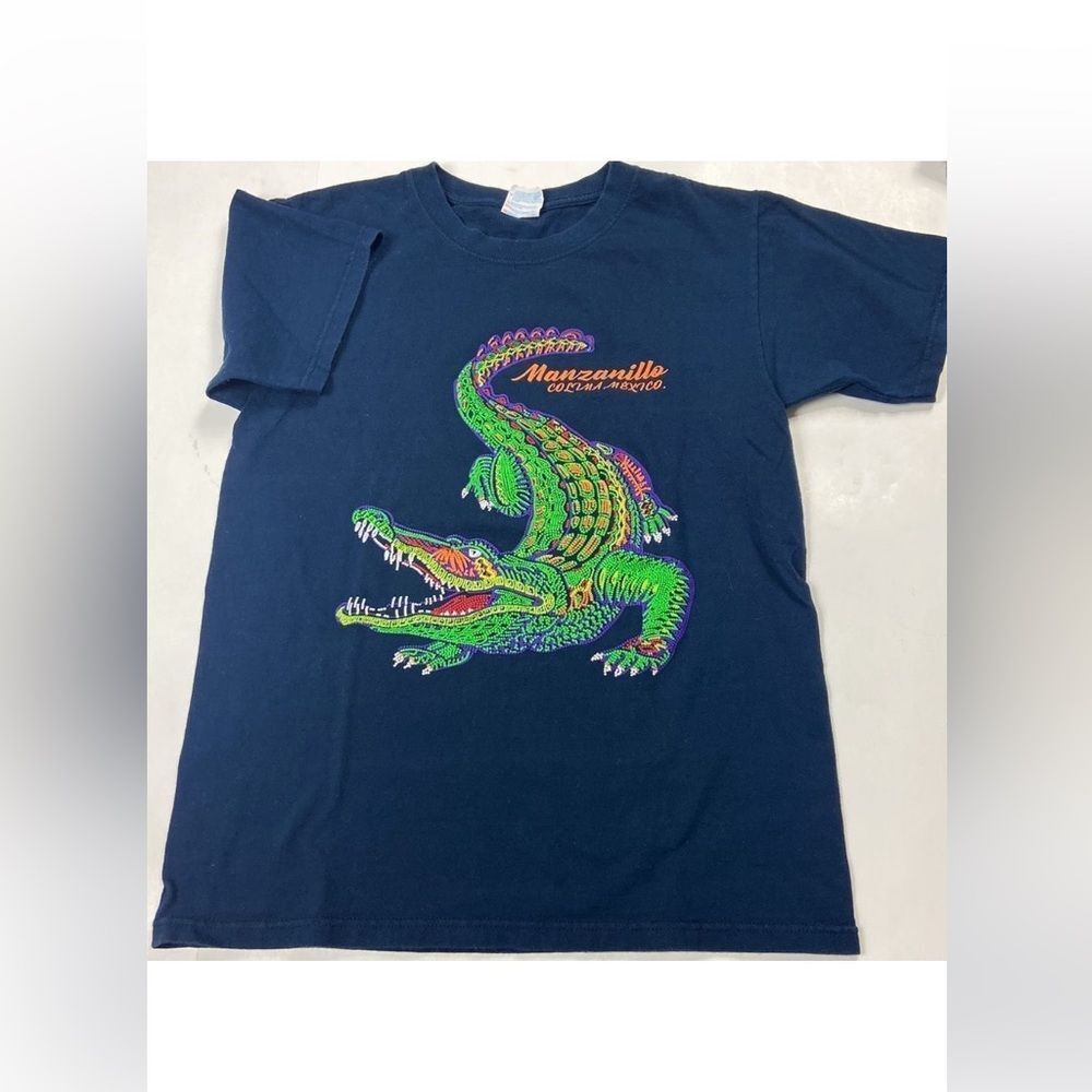 Navy Crewneck Tee with Colorful Alligator Graphic Size S Unisex